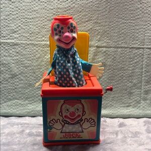 Vintage 1971-1976 Mattel Red Blue Yellow Clown Jack-in-the-Box Made In The USA